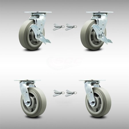 Service Caster 6 Inch SS Thermoplastic Caster Set with Roller Bearing 4 Swivel Lock 2 Brake SCC SCC-SS30S620-TPRRF-TLB-BSL-2-BSL-2